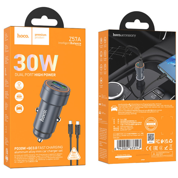 Автомобільний зарядний пристрій Hoco Z57A Glorious PD30W+QC3.0 Type-C to Type-C