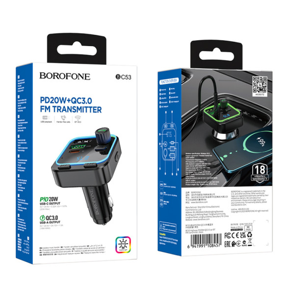 FM Модулятор + АЗП
Borofone BC53 Highway PD20W+QC3.0