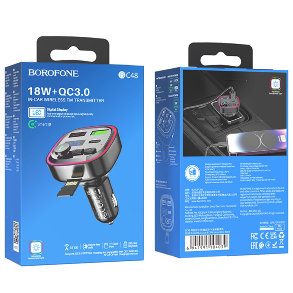 FM-модулятор+АЗП Borofone BC48 Broad QC3.0 car BT FM transmitter