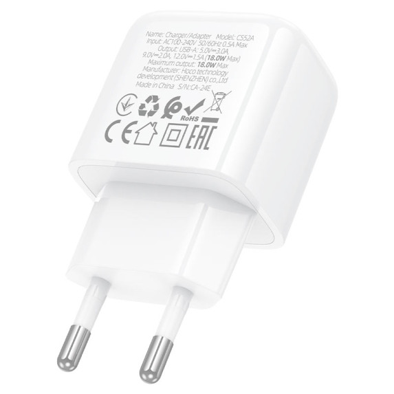 Мережевий зарядний пристрій Hoco CS52A QC3.0 1USB/3A, 18W