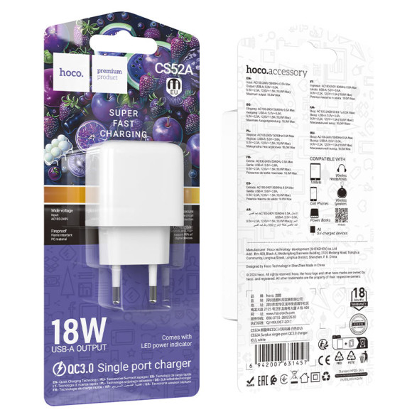 Мережевий зарядний пристрій Hoco CS52A QC3.0 1USB/3A, 18W