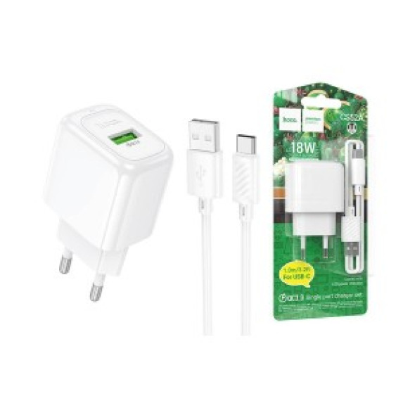 Мережевий зарядний пристрій Hoco CS52A QC3.0 18W (1USB) + кабель USB to Type-C - White